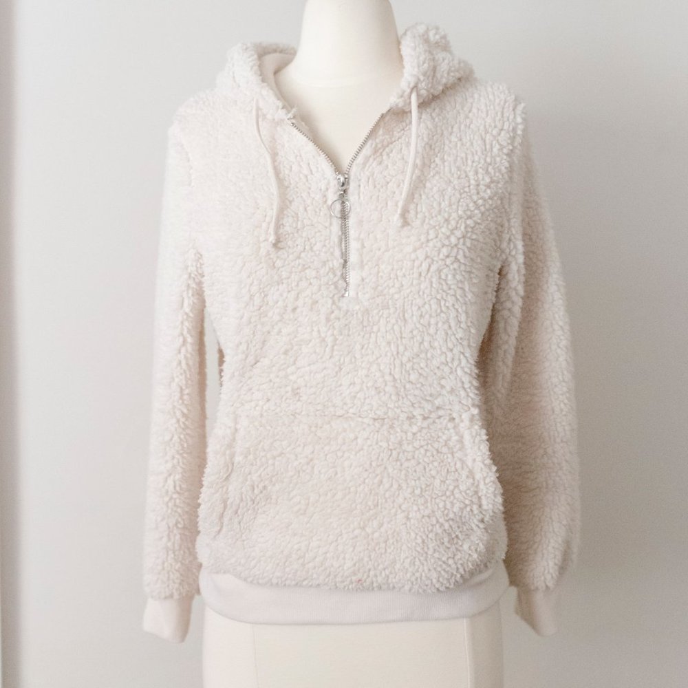 Cream Sherpa Shearling Drawstring Hoodie